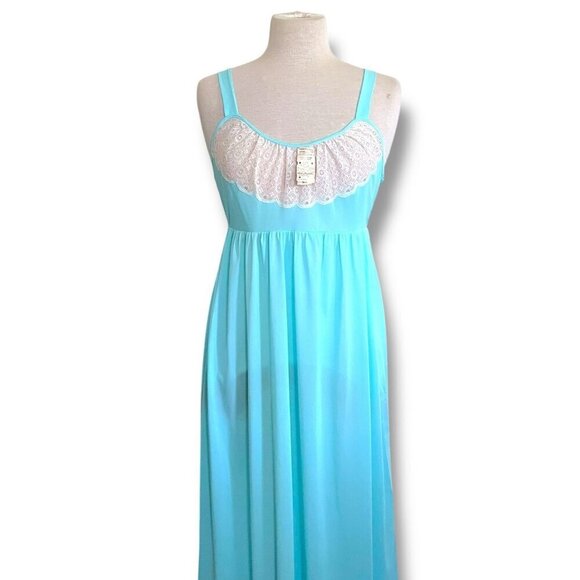 Vintage 1970s Formfit Rogers Womens Nightgown Sz Small Tiffany Blue Nylon Lace - Picture 3 of 11